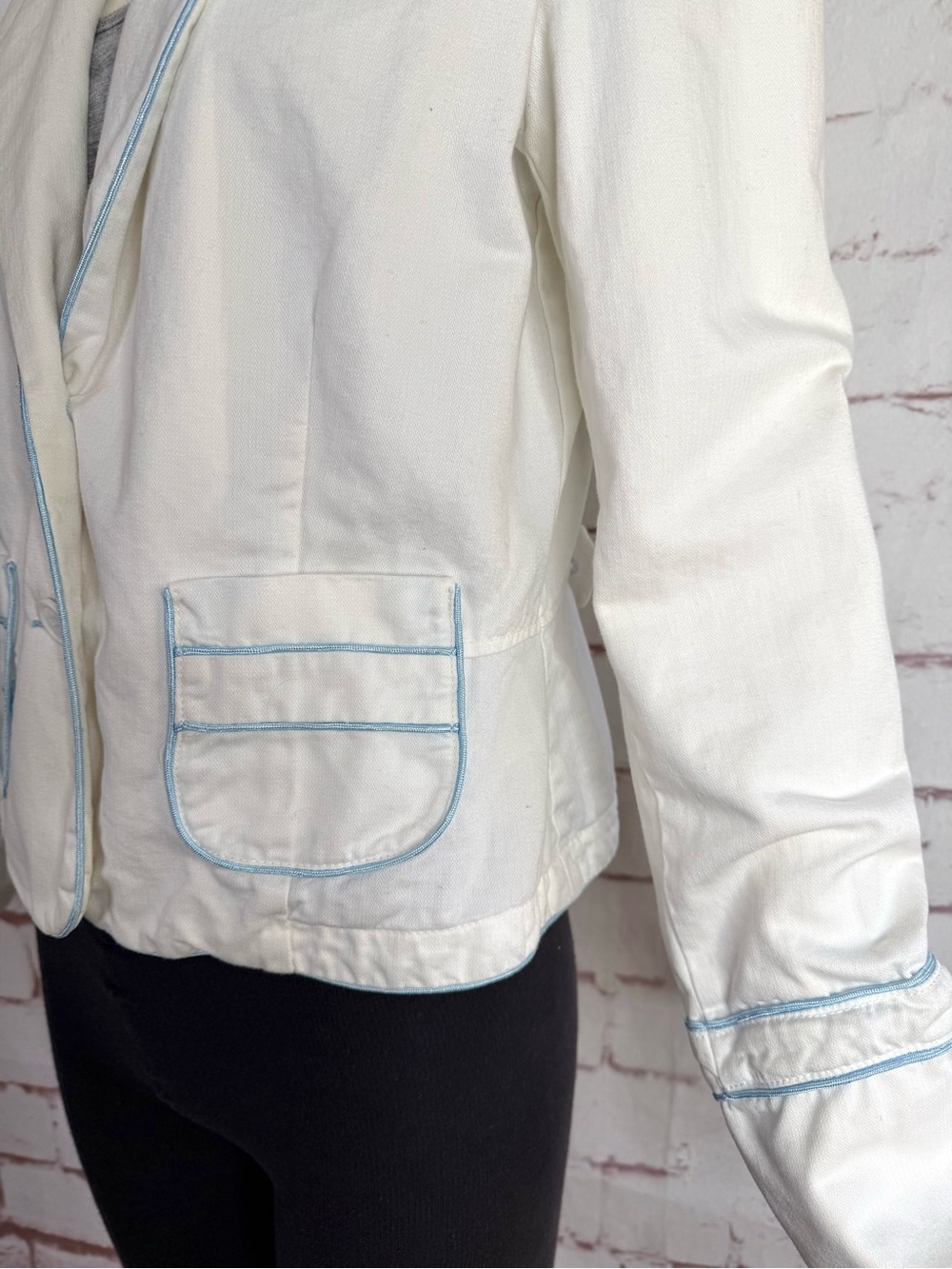 Y2K VINTAGE JUICY COUTURE JEANS White Twill Blue Piping Blazer Jacket Size XL - Picture 7 of 15